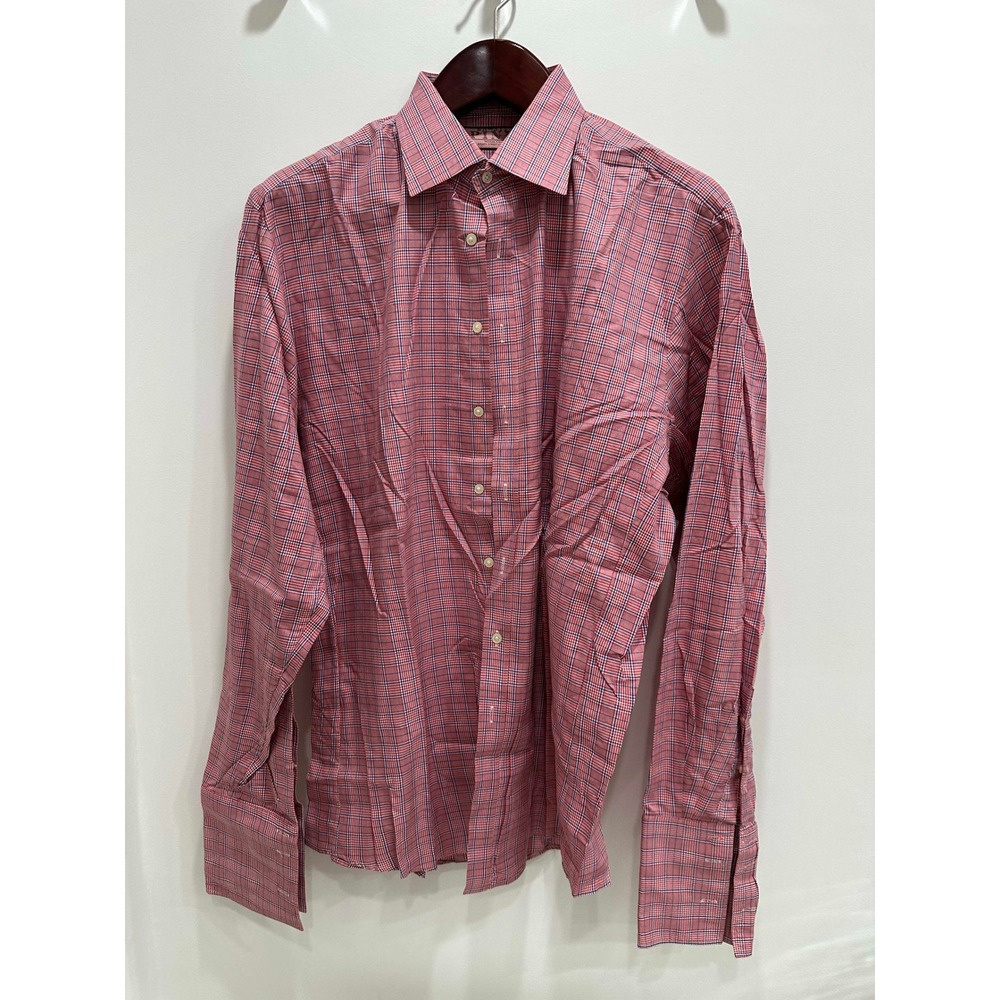 Thomas Pink Slim Fit Dress Shirt Mens 17.5 Red Blue Glen Plaid French Cuff